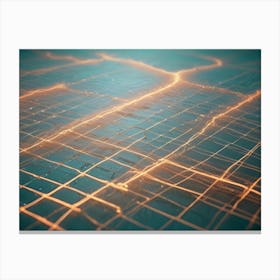 A Close Up Of A Digital Grid With Glowing, Orange Lines On A Blue Background, Resembling A Futuristic City Or Network Canvas Print