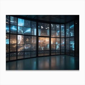 View Of A Large Room With Large Windows, Each Showing A Different Digital Image Of A Cityscape With Glowing Lines And Points Of Light Canvas Print