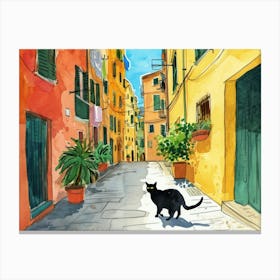 Black Cat In Cagliari, Italy, Street Art Watercolour Painting 2 Canvas Print