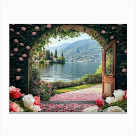 Beautiful Garden with Access to the Lake, Petals, And Pink and White Flowers Canvas Print