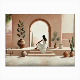 A Serene And Minimalistic Oil Painting Featuring A Woman With Dark Hair Canvas Print