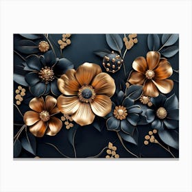 3d Artwork Illustration Background With Golden Jewelry And Flowers In Black 1 Canvas Print