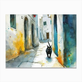 Black Cat In Puglia, Italy, Street Art Watercolour Painting 4 Canvas Print