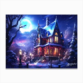 Moon Glow Christmas - Christmas House At Night Canvas Print