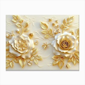 3d Paper Roses with Golden Leaves and Elegant Floral Pattern Canvas Print