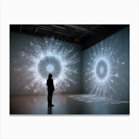 A Man Silhouetted Against A Wall Of Screens Displaying A Swirling, White, Digital Image, Creating A Sense Of Wonder And Exploration Canvas Print