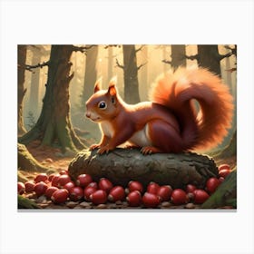 Red Squirrel Gathering Acorns In A Sun Dappled Forest Canvas Print