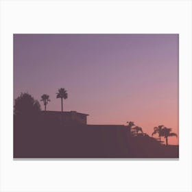 Los Angeles, USA I Los Angeles california skyline photography in a pastel violet pink light sunset sky with palm trees silhouette contrasting of Hollywood and Beverly Hills villas from the Griffith Observatory Canvas Print