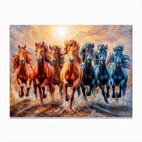 An Exquisite Oil Painting Capturing Seven Horses Galloping Canvas Print