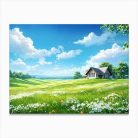 Cottage Basking In The Brilliance Of The Noon Sun Amidst A Sprawling Meadow A Single Vibrant Cloud Canvas Print