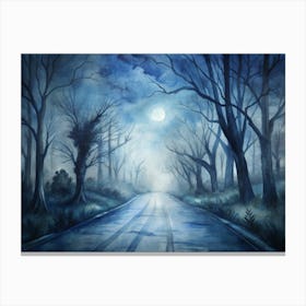 A Desolate Road Illuminated By Moonlight Surroun Canvas Print