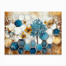 Abstract With White Lattice Tiles, Turquoise Tree and Dynamic Blue Hexagons Canvas Print