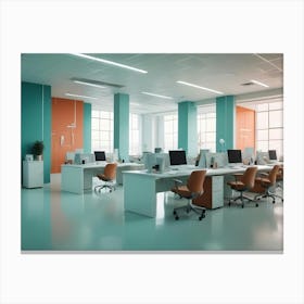 A Modern Office Space With A Minimalist Design, Featuring Turquoise And Orange Accents, Creating A Bright And Vibrant Atmosphere Canvas Print