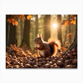 Red Squirrel Sitting On A Log Surrounded By Acorns In A Forest 8 Canvas Print