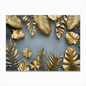 Gold Leaves On A Grey Background Canvas Print