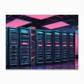 Row Of Server Racks In A Futuristic Room With Neon Lighting Canvas Print