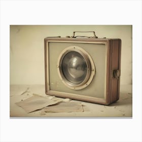 A Vintage, Antique Camera With A Large Lens, Resting On A White, Weathered Surface, With A Few Old, Faded Photographs Scattered Around It, Creating A Nostalgic And Timeless Atmosphere 1 Canvas Print