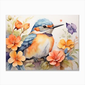 Elegant Kingfisher Watercolor Floral Canvas Print