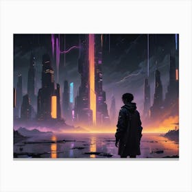 A Lone Figure Stands Before A Futuristic Cityscape At Sunset, Silhouetted Against Towering Skyscrapers And Neon Lights Reflecting In The Water Canvas Print