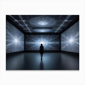 A Woman In A Black Dress Stands Silhouetted In A Dark Room With Three Screens Displaying Abstract Patterns Of Light Canvas Print