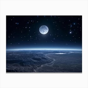 Full Moon As The Centerpiece Just Visible Above A Vast Horizon Line Inferring The Edge Of A Planet 1 Canvas Print