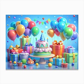 Colorful Birthday Scene With Cake, Balloons, And Presents Canvas Print