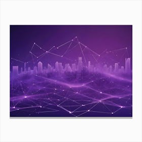 A Stylized, Futuristic Cityscape Rendered In A Vibrant Purple Hue, With Glowing Lines Connecting Buildings And Forming A Web Like Network 1 Canvas Print