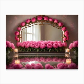 A Still Life Photograph Of Pink Peonies Arranged Around A Vintage Mirror With Candles On A Vanity Table Canvas Print