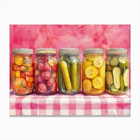 Pickles In A Jar A Pink And White Checkered Tablecloth Canvas Print