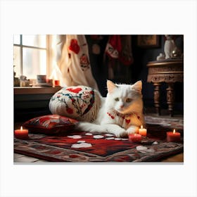 White Cat With Candles Canvas Print