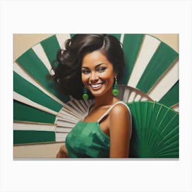 Woman Holding A Green Fan Canvas Print