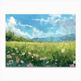 Grassy Landscape With Flowers Canvas Print