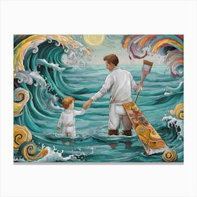 Father And Son In The Ocean Canvas Print