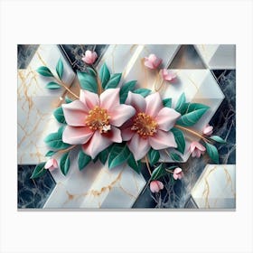 Elegant 3d Marble Texture Seamless Pattern Geometric Polygon Shape with Bright Color Flowers Illustration Canvas Print