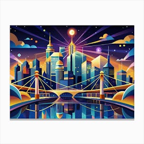 Colorful Cityscape At Night With A Bridge And A Full Moon Canvas Print