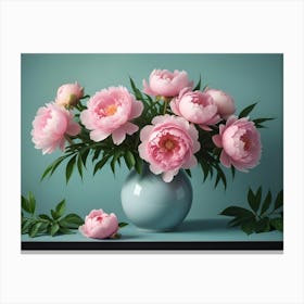 A Bouquet Of Pink Peonies In A Blue Vase, Placed On A Table Against A Light Blue Background, Creating A Delicate And Romantic Atmosphere Canvas Print