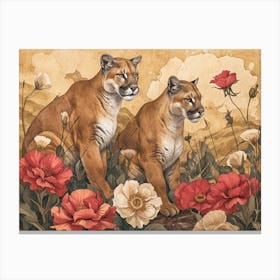Floral Animal Illustration Mountain Lion 2 Canvas Print