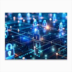 Digital Grid With Glowing Blue Lock Icons, Representing Cybersecurity Canvas Print