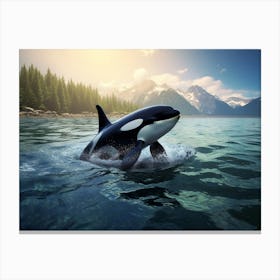 Realistic Orca Whale Photography Splashing Out Of Water Canvas Print