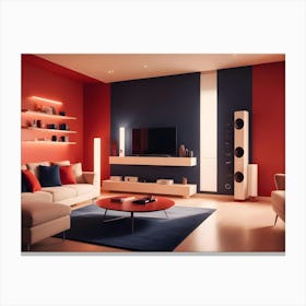 A Living Room Interior With A Red And Blue Color Scheme Canvas Print