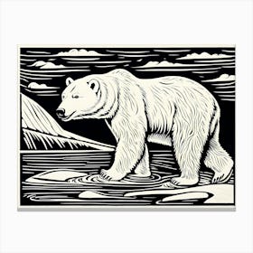 Polar Bear Cavorting In The Arctic Expanse Linocut Art, animal art, 160 Canvas Print