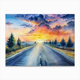 A Minimalist Roadscape With Vibrant Sunset Reflec Canvas Print