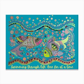 Original pen and ink drawing of fishes in Madhubani style with quirky text - Swimming through Life, One fin at a time by DollyJ 1 Leinwandbild