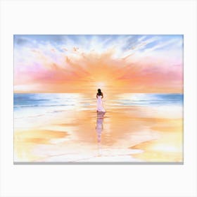 Woman On The Beach At Sunset Canvas Print