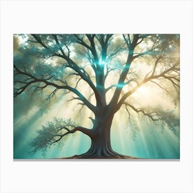 A Photograph Of A Large, Majestic Tree In A Misty Forest Canvas Print