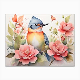 Vintage Bird With Roses Canvas Print