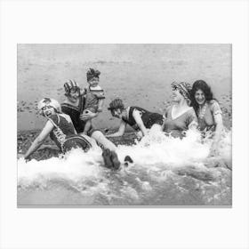 Women Having Fun At The Beach, Black and White Vintage Old Photo Canvas Print