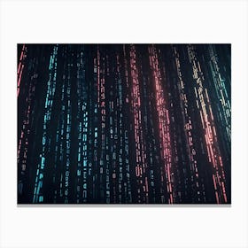 Streams Of Binary Code In Blue And Pink Hues Flow Downwards Against A Dark Background, Creating A Visual Representation Of Data And Technology Canvas Print