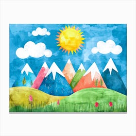 Sunny Mountain Mosaic A Playful Pastel Landscape Illustration Canvas Print