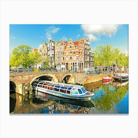 Canal & Boat, Amsterdam, Holland, Netherlands Canvas Print